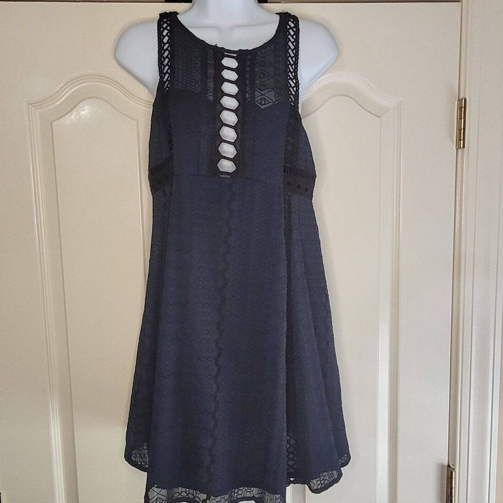 Free People Mini Tank Dress Sz 4 Crochet Cutout Skater Navy Black Lined Pockets